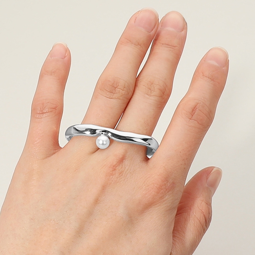Silver White Pearl Two Finger Ring Modern 2 Fashion Statement Accessory